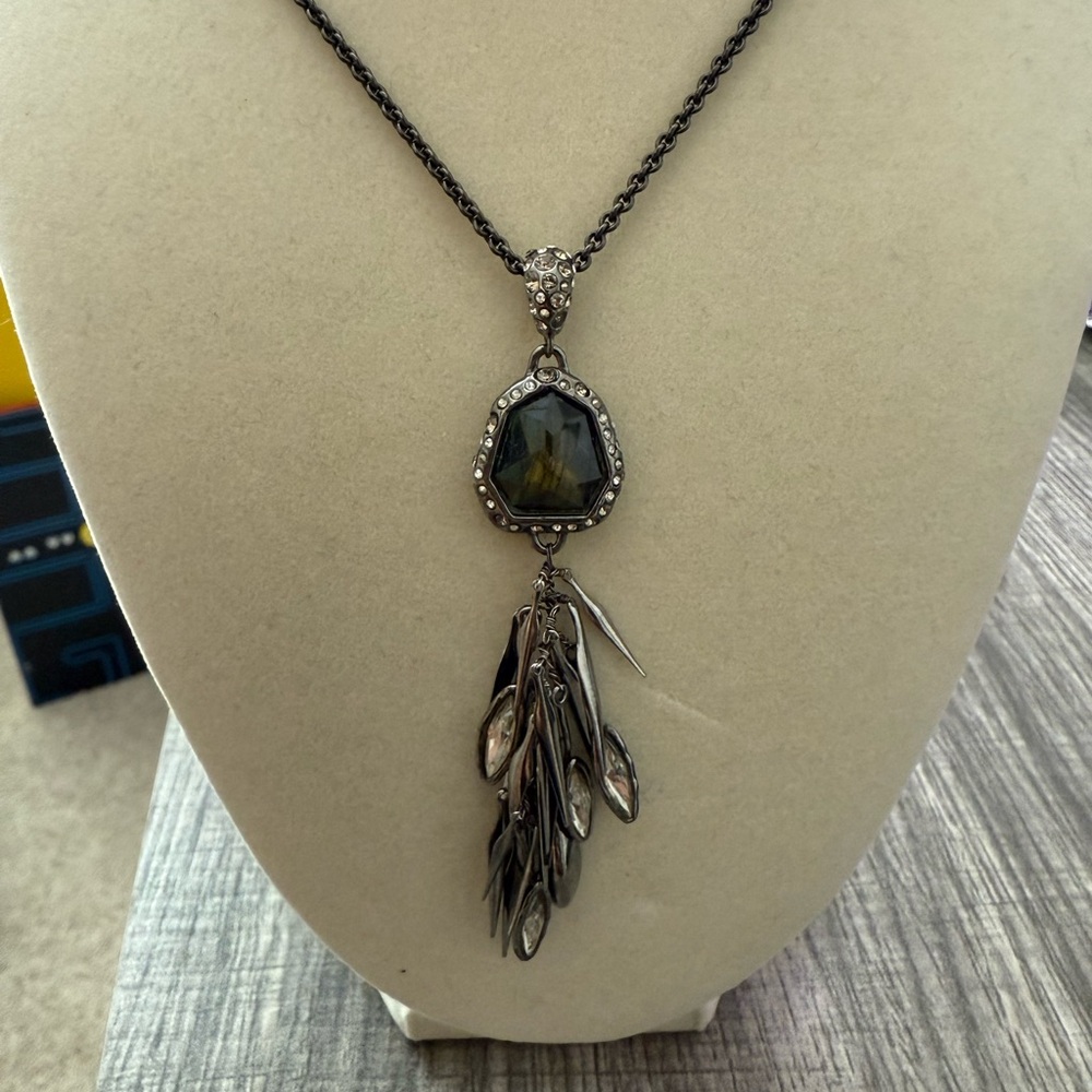 ALEXIS BITTAR GUNMETAL DANGLE CRYSTAL HEMATITE CHAIN PENDANT NECKLACE/SWAROVSK